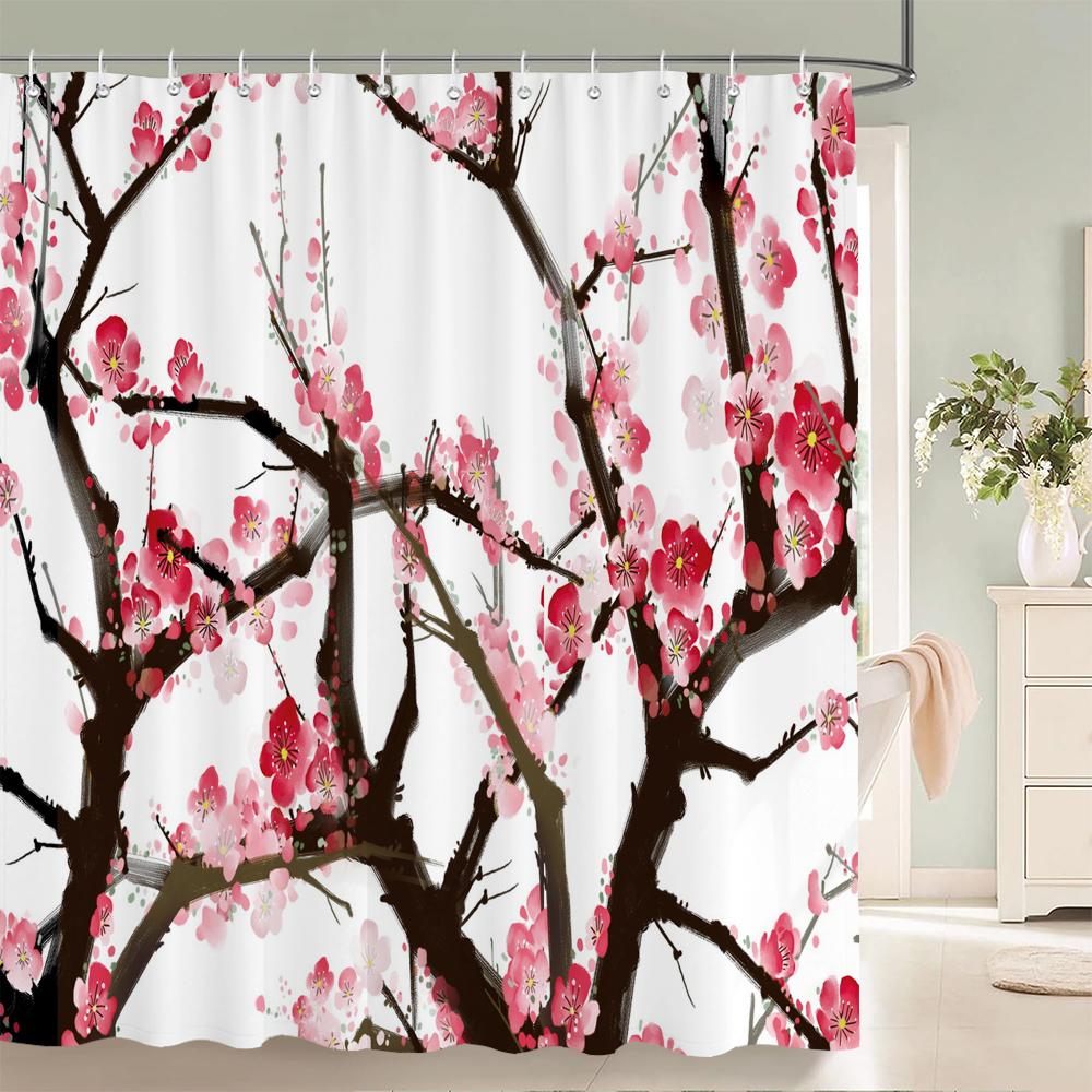 Plum Blossom Flower Leaves Shower Curtain Watercolor Plant Floral Pattern Waterproof Polyester Bathroom Curtain Decor With Hooks
