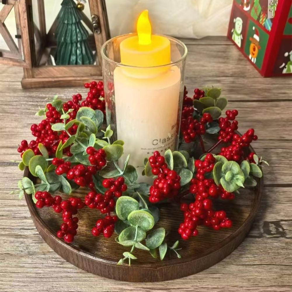 Artificial Pinecone Berry Christmas Candlestick Wreath Simulated Plastic Candle Ring Wreath Decorative Table Wreath Centerpiece