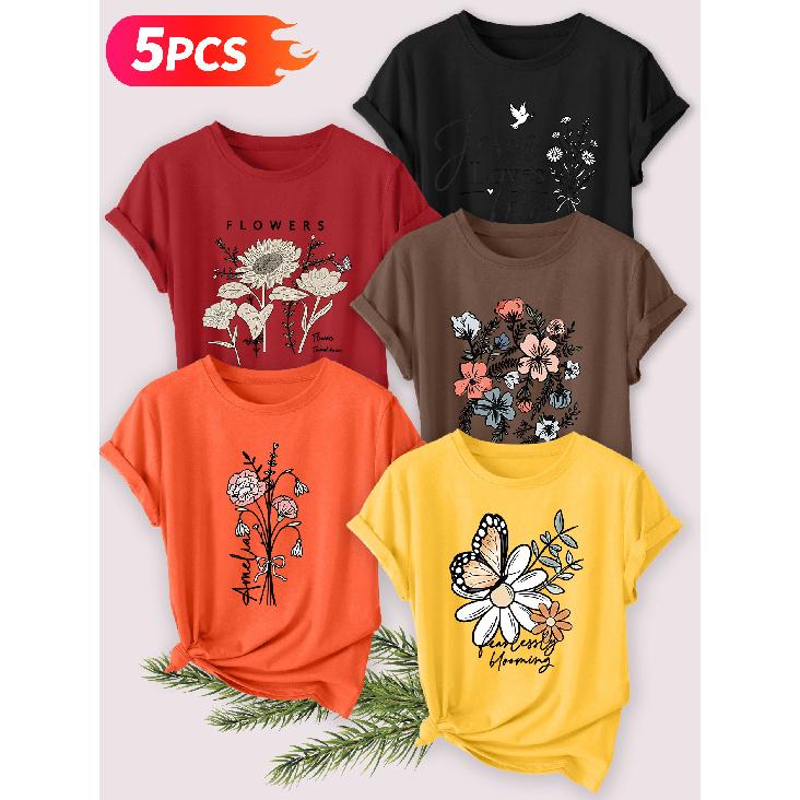 Five-piece set Elegant short-sleeved shirt for women Beach sunset print round-neck women's short-sleeve shirt suitable for spring and summer