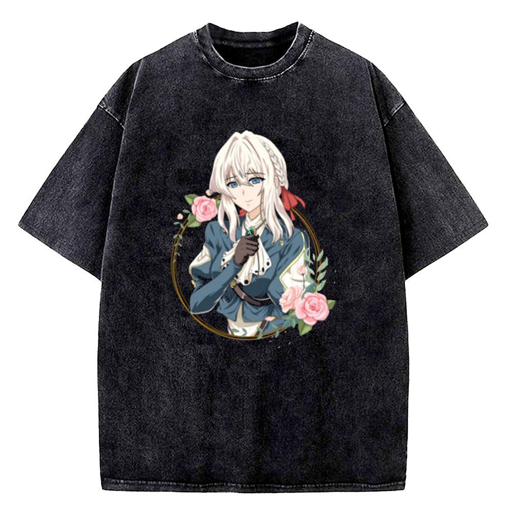 Camiseta de algodón lavada vintage Violet Evergarden adolescente años 2000 Transpirable Camisa Y2k kawaii Pastel Y2k Colorida streetwear Vintage