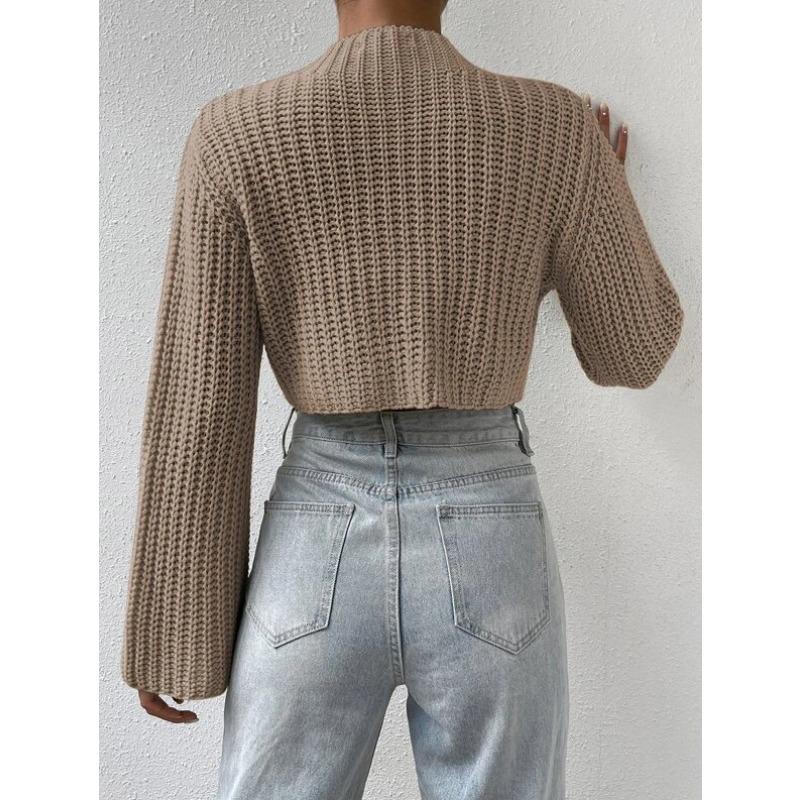 Autumn and Winter New European and American Solid Color Versatile High Waist Short Style Trumpet Sleeve Half High Collar Pullover Sweater for Women