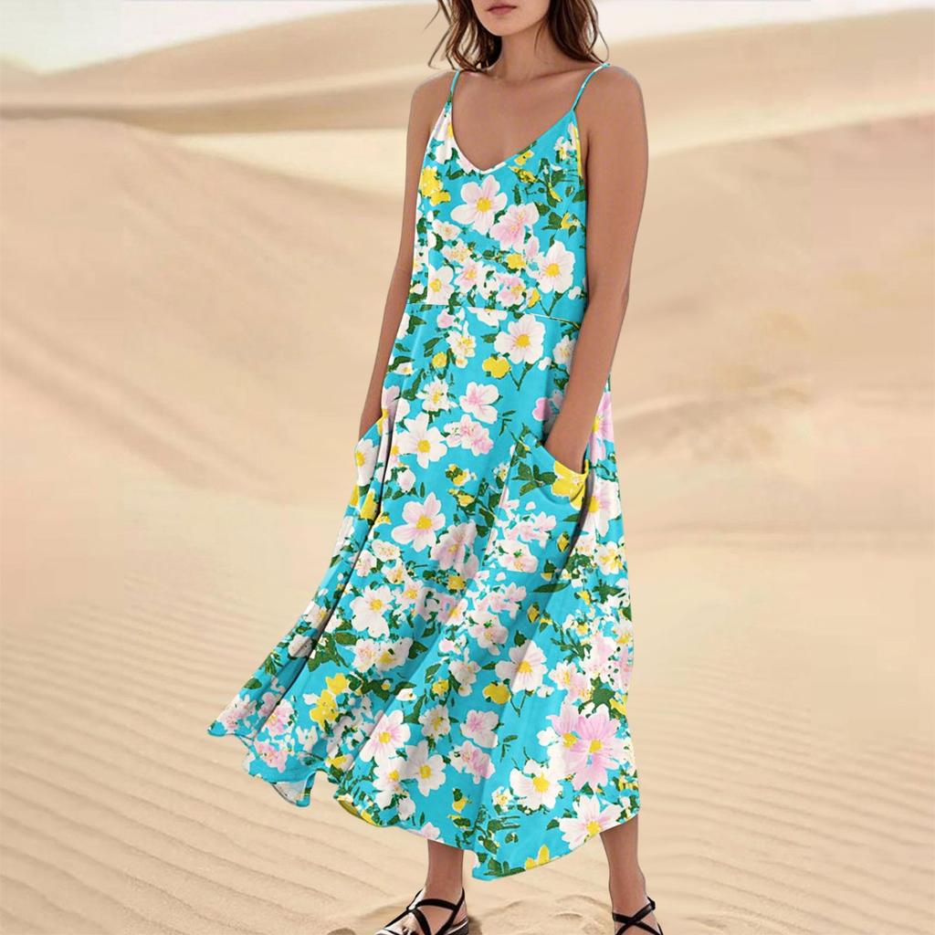 Women's Fashion Casual Floral Print Sleeveless Pocket Long Beach Dress