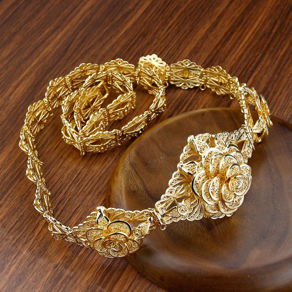 Gold Color Chic Flower Belt For Women Metal Chain Adjustable Length Wedding Jewelry
