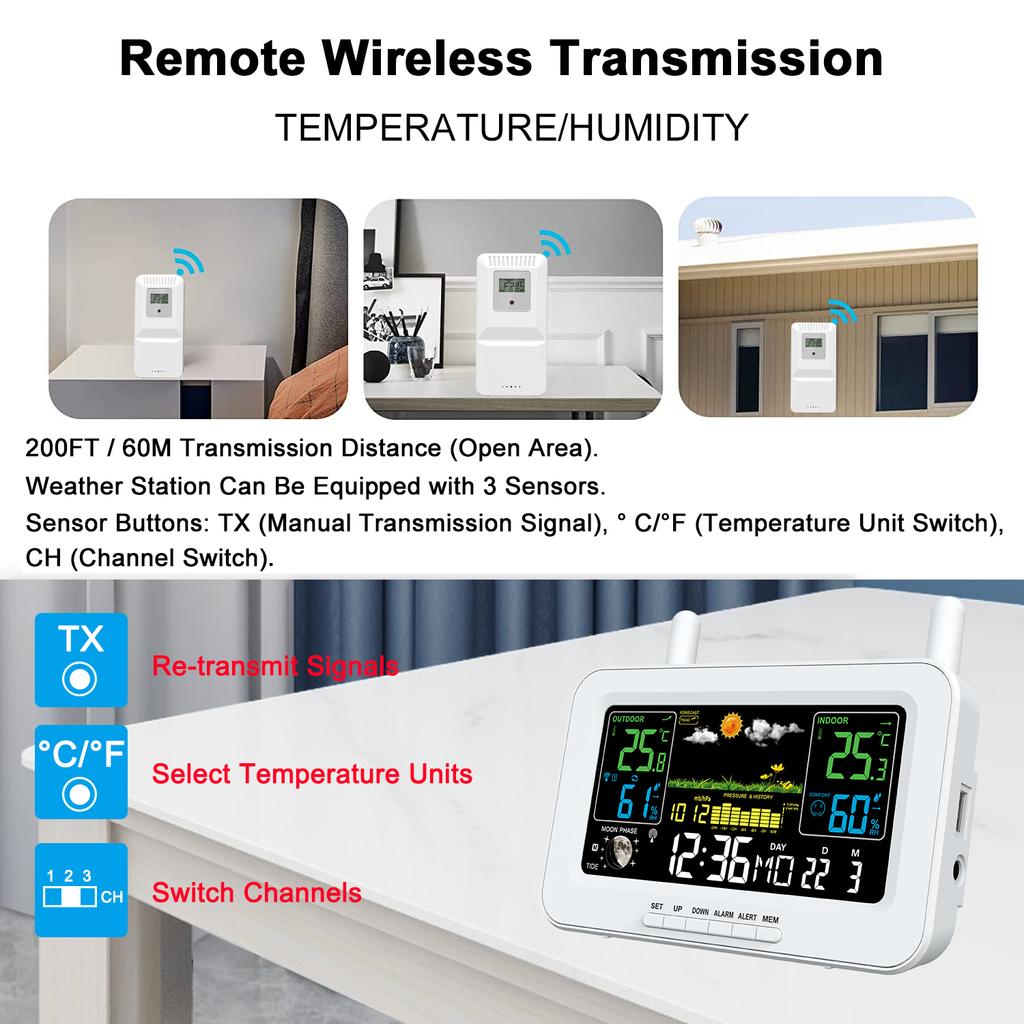 Color Screen Smart Weather Station, USB Output Indoor and Outdoor Thermometers and Hygrometers, KTY