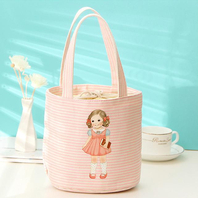 Cute Girl Cylindrical Lunch Bag Students Round Lunch Box Bag Waterproof Insulation Circular Drawstring Food Thermal Cooler Tote