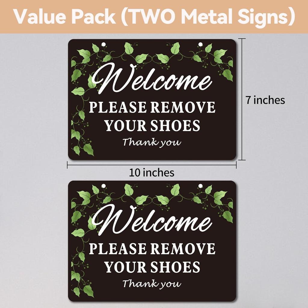 2 Pack Please Remove Your Shoes Front Door Signs - Aluminum Welcome Take Off Your Shoe Sign for Home with Hanging Rope - No Shoe Signs for House
