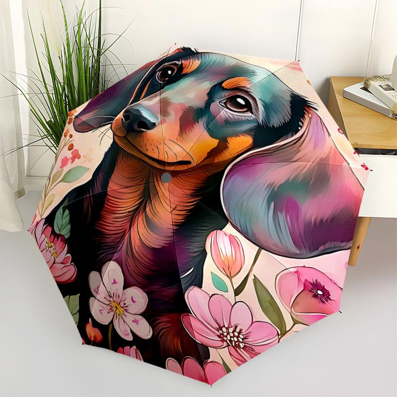 1pc Dachshund Floral Automatic Folding Umbrella - Windproof Compact Travel Umbrella with Auto Open/Close, 8-Rib Heavy-Duty Shaft for Women/Men A005