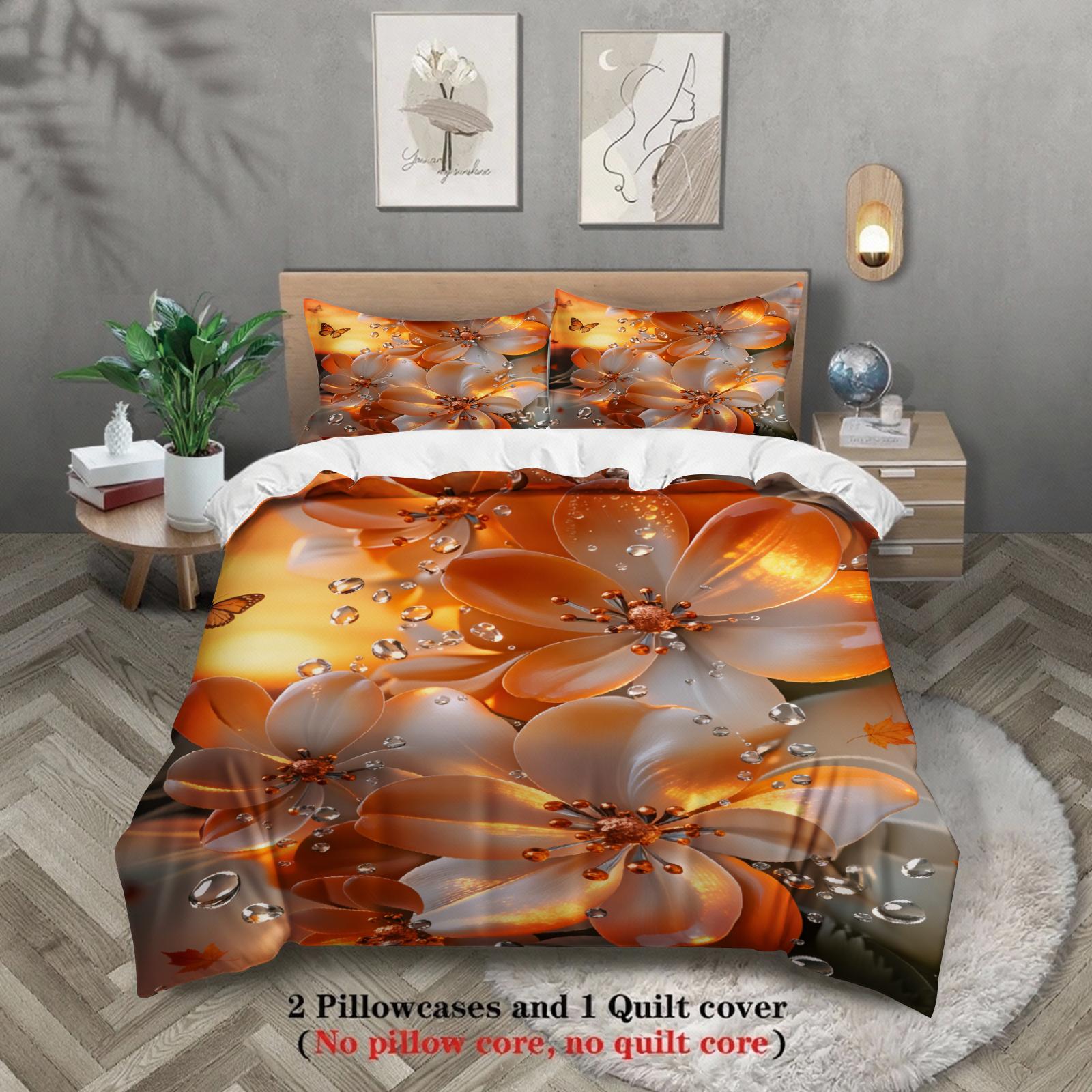 

Floral Printed Bedding Set Orange With Butterflies And Dew Drops Design With Duvet Cover and Pillowcases For Bedroom Decor US Full(200x230cm)