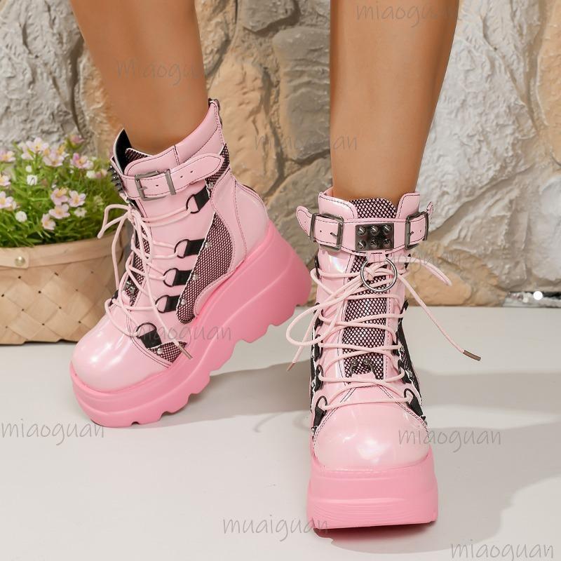 Women's Platform Ankle Boots Street Style Chunky High Heel Short Boots Size35-43 Comfortable Booties Height Increase Botas Mujer