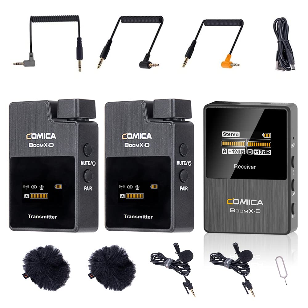 

Comica D2 Wireless Camera Microphone for Video External Microphone 2 Transmitters and 1 Receiver Low Audio Monitoring BoomX-D Recording, Set, 2.4G