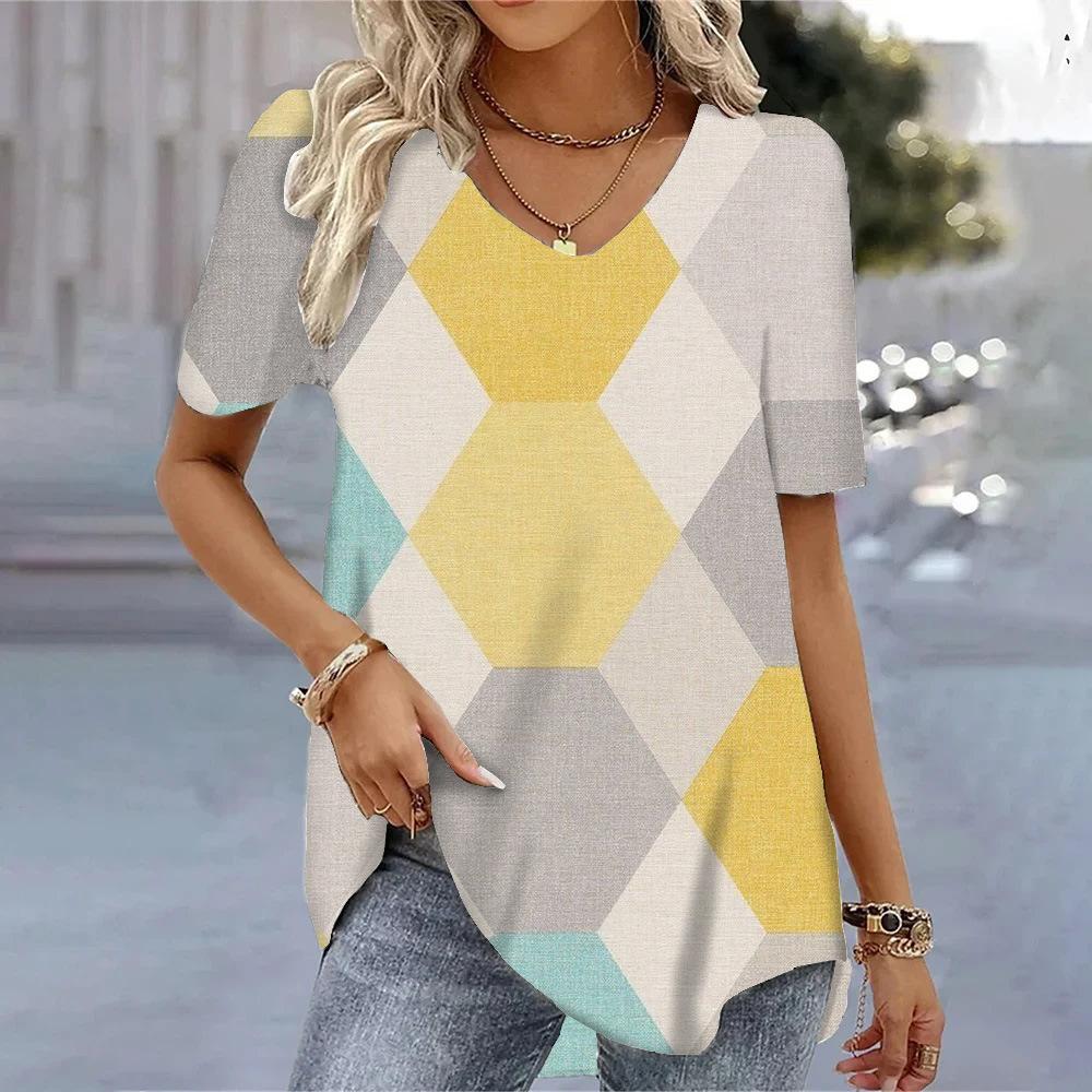 Summer V-neck Geometric & Abstract Pattern 3D Printed Top Fashionable Casual Short Sleeved Women's T-shirts