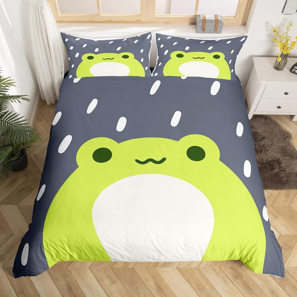Kawaii Frog Dynetrekk King Queen Tegneserie Dyretema Sengesett Funny Wildlife Dynetrekk Barn Soverom Mykt Dynetrekk