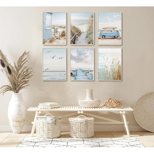 6Pcs Blue Coastal Beach Canvas Wall Art Summer Tropical Ocean Picture Wall Decor Nautical Surfboard Bus Posters Preppy Beach Painting Prints Artwork
