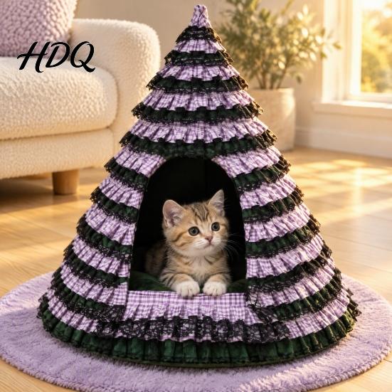 Felt Cat Bed Christmas Tree Cave Foldable Semi-Enclosed House Cozy House Warm Holiday Pet Hideaway for Indoor Cats Seasonal Home Decor Small