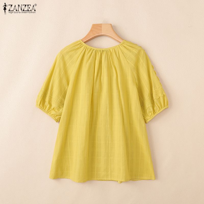 ZANZEA Sommer Damen Rundhals Kurzarm Spitze Häkeln Lässige Bluse