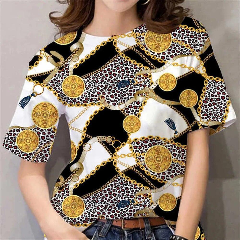 

Жіноча футболка з нерегулярним ланцюжком і коротким рукавом з літнім принтом. Елемент сексуальної модної моди з круглим вирізом Harajuku. Зручні жіночі повсякденні XS