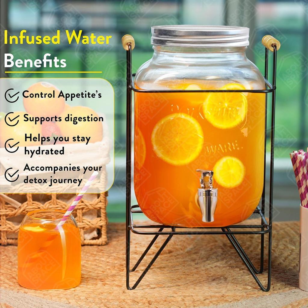 5 Litre Glass Water Dispenser with Stand - Air Tight Lid Glass Pitcher for Detox Water - Mason Jar - Counter Table Top