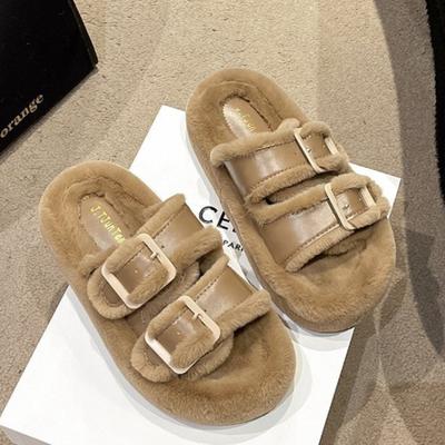 Buckle White Thick-Sole Fuzzy Slippers for Women, New Arrival, Warm and Cozy, Perfect for Outdoor Wear