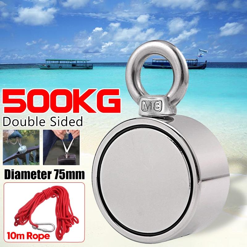 75mm 500KG Double-sided Fishing Magnets Round Hook Salvage Magnet Sea Fishing Equipments Holder with Ring 10M Rope