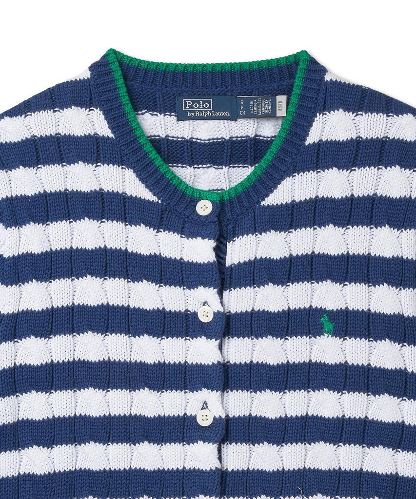 POLO RALPH LAUREN W Striped Cable Knit Short Sleeve Cotton Sweater - Blue Yacht/White