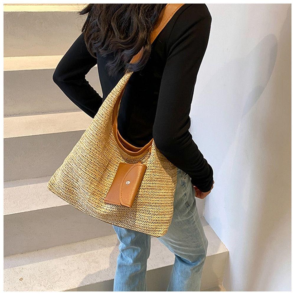 Large Capacity Beach Bag Bohemian Style Hollow Tote Bag Cute Raffia Shoulder Bag  Travel