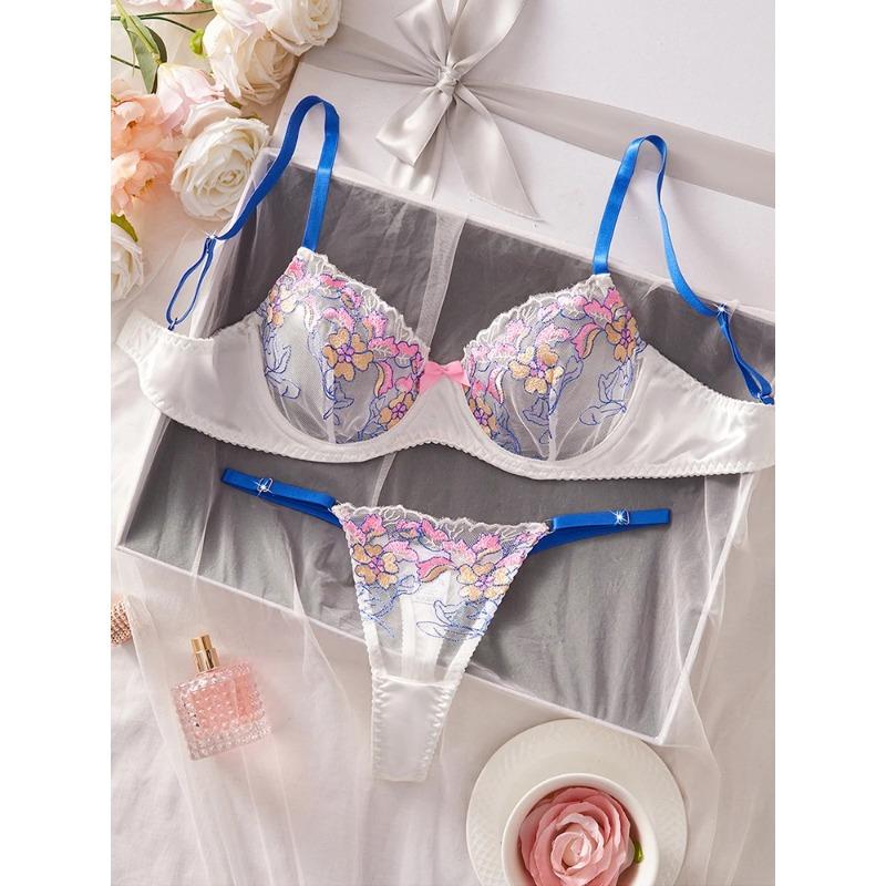Damenwäsche Süßes Floral Besticktes Wäscheset Bügel Push-Up BH Slips Sets Elegante Netzunterwäsche Weich Intim
