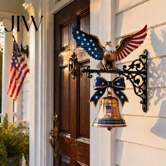 Decorative Patio Hanging Ornament Spirit of Liberty Eagle Bell, 250th Anniversary Wall Mounted Outdoor Door Bell Patriotic Metal for Front Garden