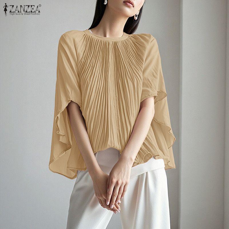 ZANZEA Women Elegant Round Neck Loose Casual Half Sleeve Blouse
