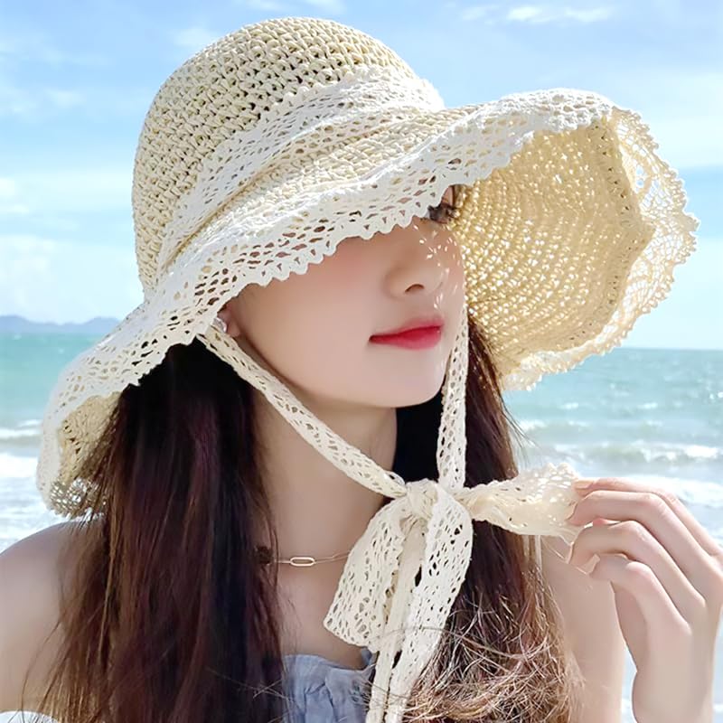 Straw UV Sun Wide Large Lace Sun Protection [NAMEOF] Women's Hat, Protection, Hat, Face-Slimming Effect, Brim, Spring/Summer, Size, Ribbon, Foldable,