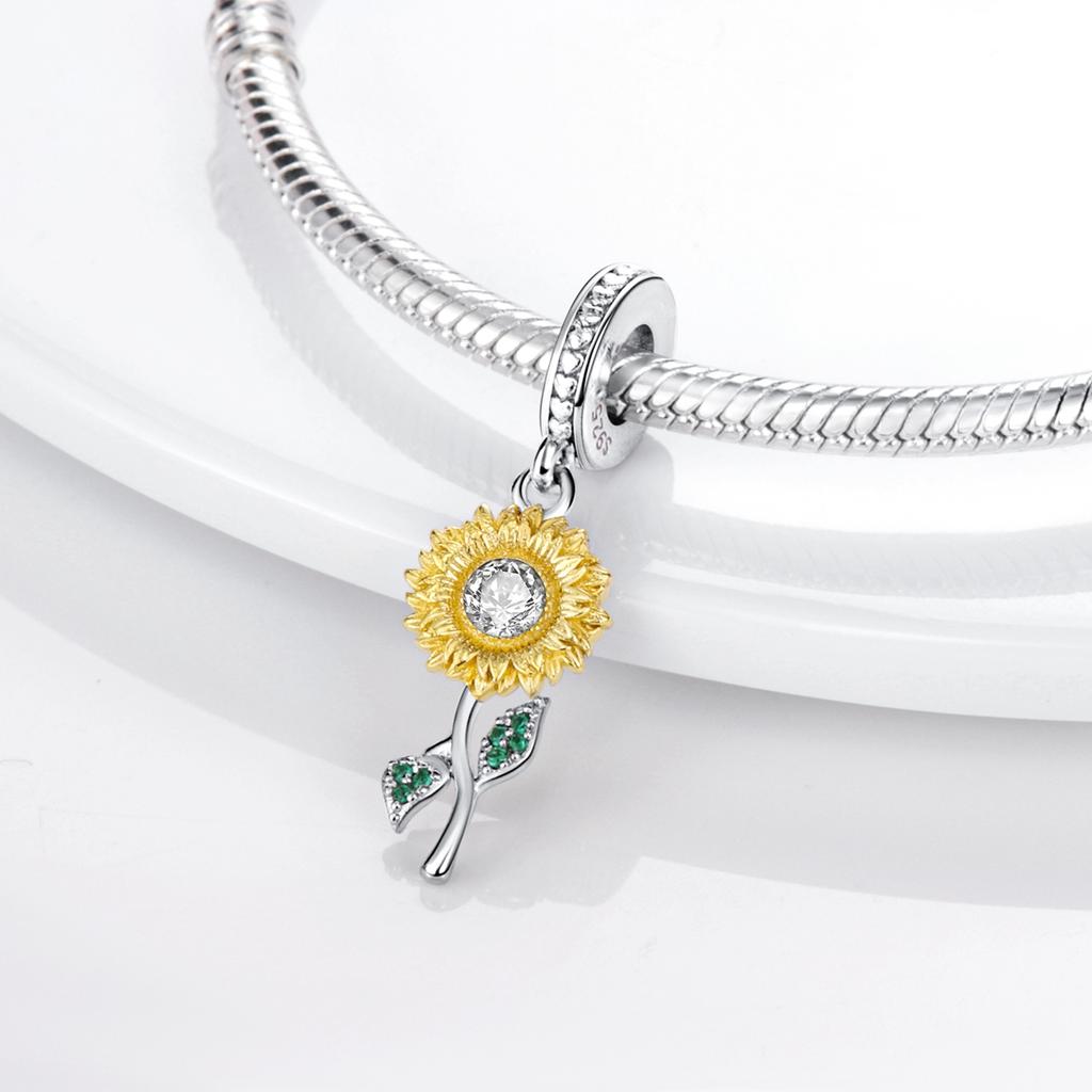 Real Copper Sunflower Blue Zircon Charms Beads Fit Necklace Original Bracelets Exquisite Diy Jewelry Gift