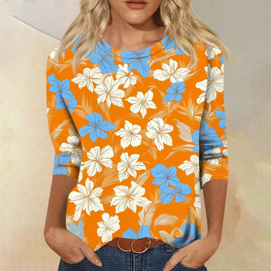 Módní vintage top s 3/4 rukávem pro ženy, dámská ležérní halenka s tříčtvrtečním rukávem a kulatým výstřihem s potiskem