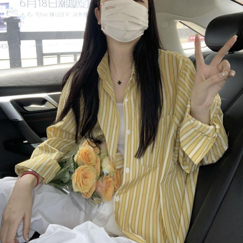 

Модные женские рубашки в вертикальную полоску, свободная рубашка с длинным рукавом и карманом, корейская отделка пуговицами, тонкий женский топ XXL жёлтый