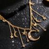 Star Moon Charms Necklace Boho Tassel Chain Choker Rhinestone Crescent Pentagram Fringe Charm Necklace for Women Dates Parties Jewelry