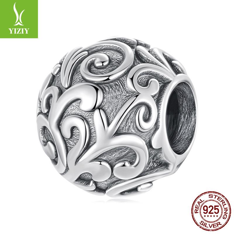 Vintage S925 Sterling Silver Rolled Grass Pattern Beaded Loose Beads, Personalized Texture Diy Bracelet Beads