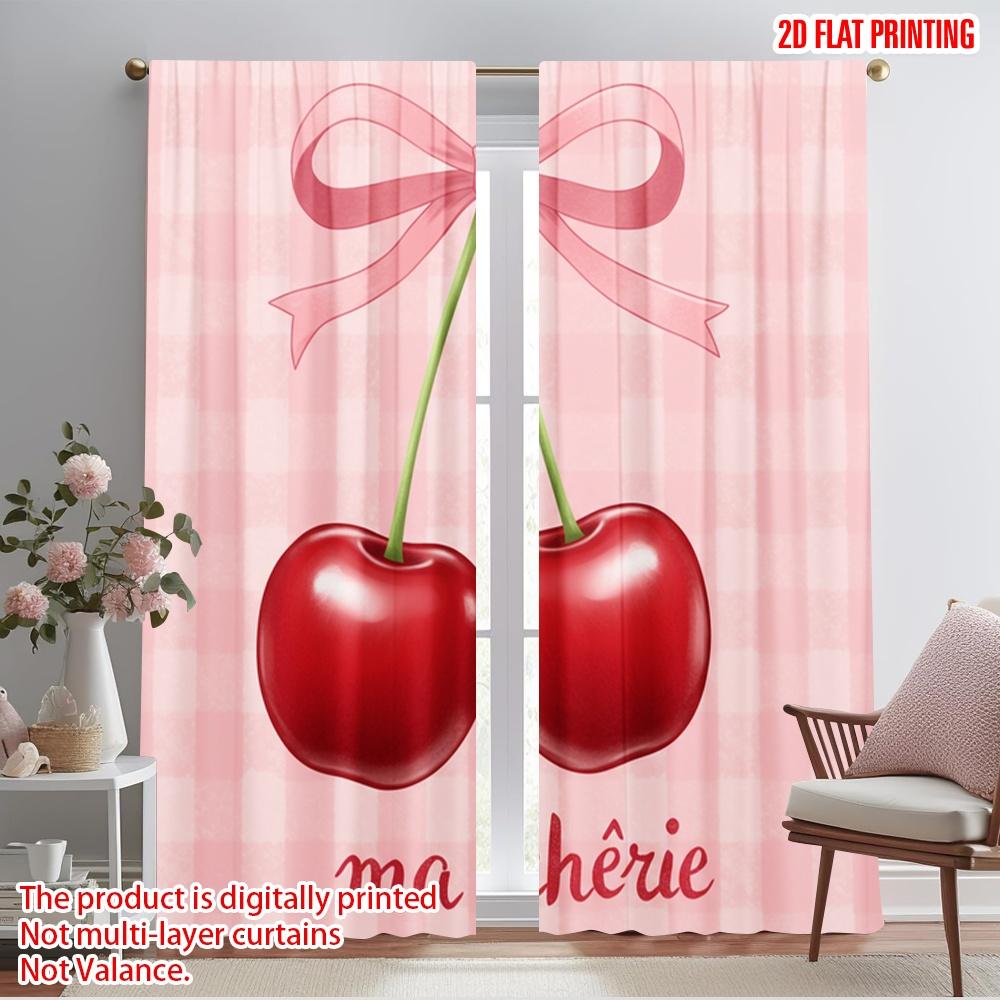 

2pcs 2D flat printing Window Curtains Cute Cherry Ribbon Illustration Fabric Without Electricity Festive Wall Decor for Holiday 52.50×116.00 CM 2pcs