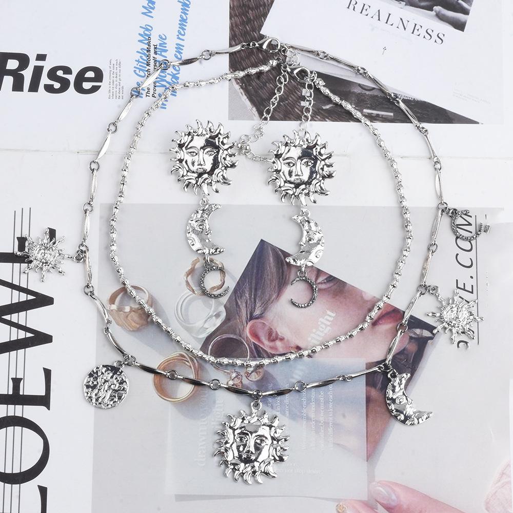 Multi-layer Necklace Fashionable Retro Light Luxury Multi-accessory Jewelry Sun Moon Earrings Necklace