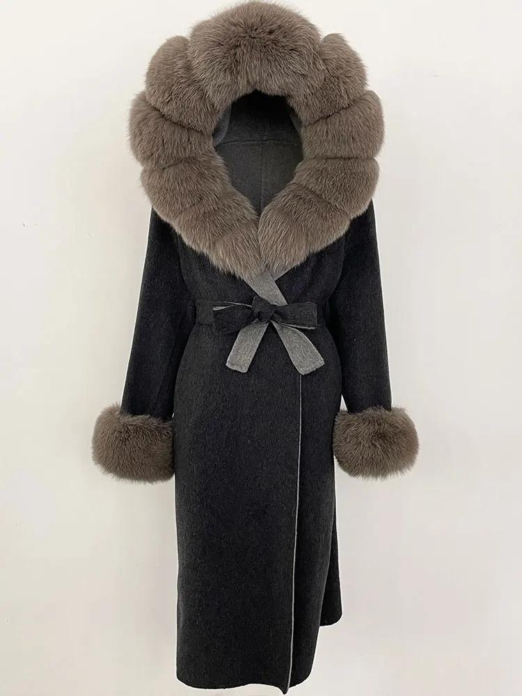 OFTBUY Winter Women Coat Real Natural Fox Fur Hooded Detachable Collar Double-faced Woolen Jacket Long Casual Elegant Overwears