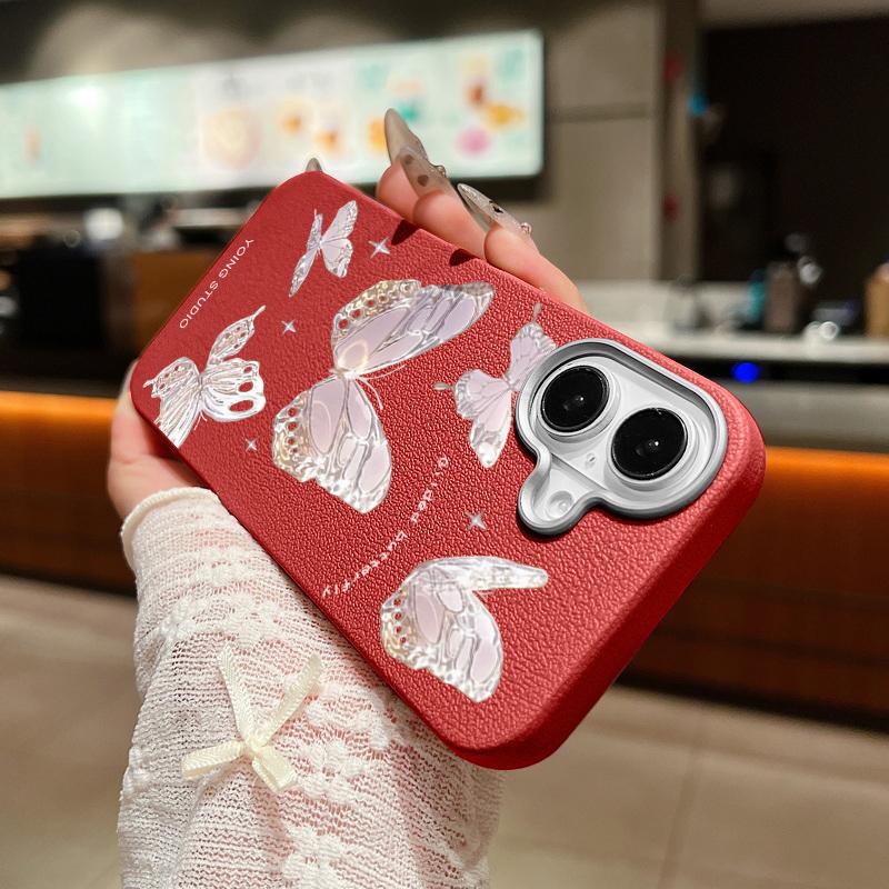 Butterfly Pattern Leather Texture Slim Soft Case Shell For iPhone 16 Pro Max 15 14 Pro 13 12 11 Matte Lens Protection Shockproof TPU Phone Cover
