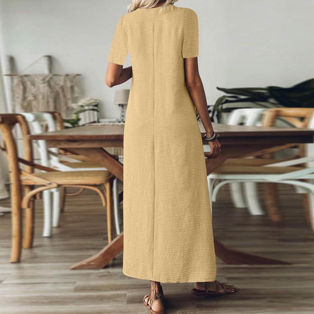 Women's Fashion V-Neck Short Sleeve Solid Color Zipper Casual Vacation Long Dress Cotton Linen Dresses