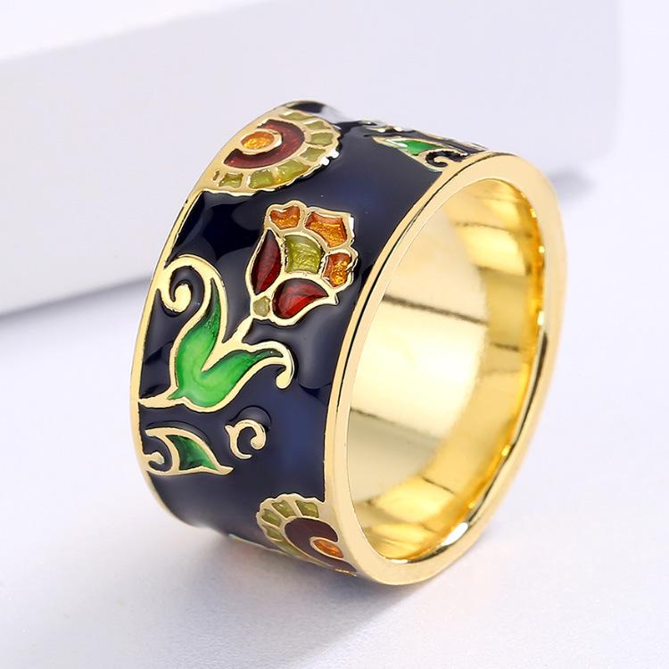 National Style Retro Enamel Ring Earrings Set Gold Plated Classical Temperament Female Jewelry