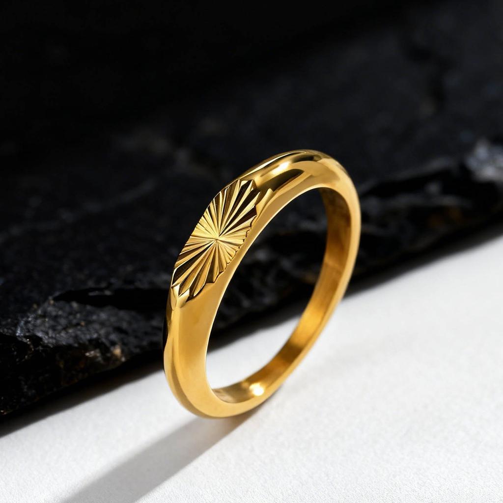 Dainty Gold Color Men's Ring,Embossing Radiation Sunburst Stainless Steel Tail Ring,Stylish Wedding Gift