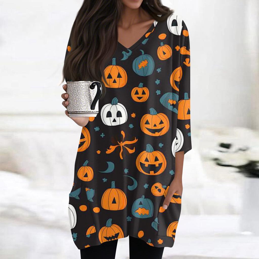 Womens Tops V-neck 3/4 Sleeve Blouses Casual Mid-length Shirts Fashion Halloween Print Tunic Tops With Pockets