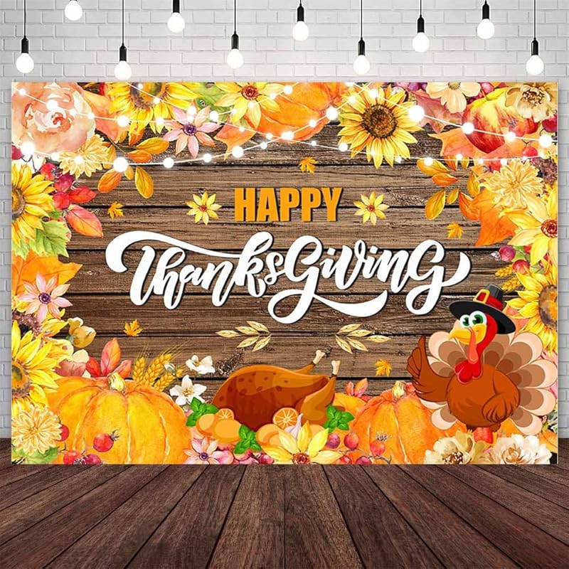 7x5ft Happy Thanksgiving Backdrop Fall Pumpkins Turkey Photography Background Rustic Wooden Maple Leaves Thanksgiving Party Decor Banner Photo Shoot 7x5ft