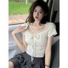 Summer French lace splicing V-neck short-sleeved T-shirt women's sexy pure desire style slim-fitting versatile top ins tide