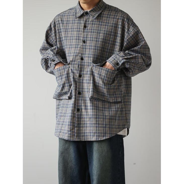 Autumn 2024 Plaid Pocket Decorative Lapel Shirt Japanese-Style Retro Embroidered Long Sleeve Shirt for Men