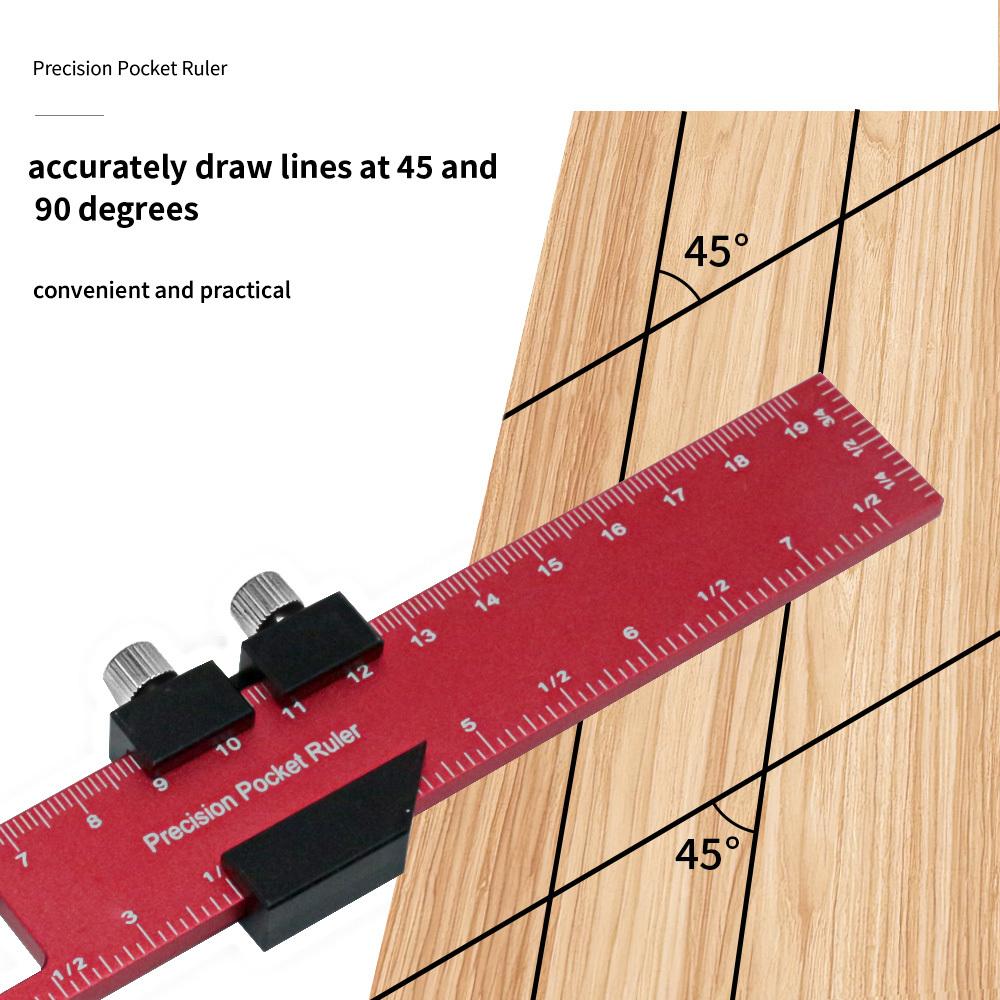 Woodworking Precision Pocket Ruler Aluminum Slide Ruler Inch and Metric T-Scribe Ruler Square Layout Tool with Slide Stop