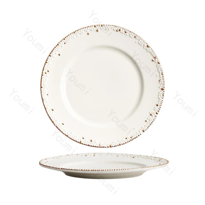 Golden Edged Ceramic Plate Creative Circular Steak Pasta Plate Delicious Dishes Dining Plates Exquisite Household Tableware