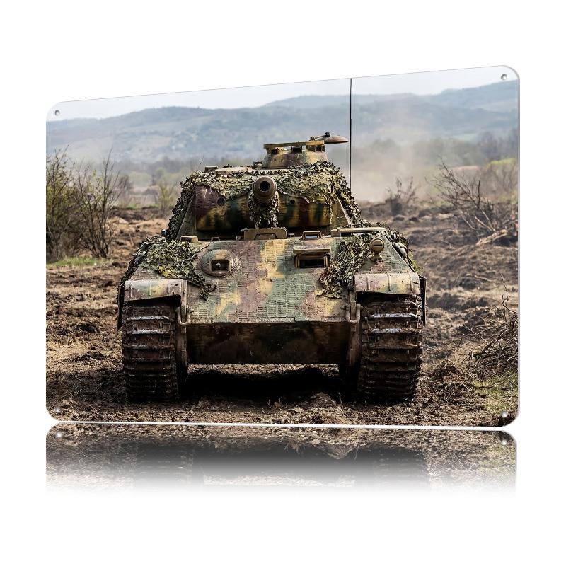 Camouflaged Tank In Field Printed Poster Customized Wall Art Retro Vintage Metal Tin Signs for Living Room Decorations House