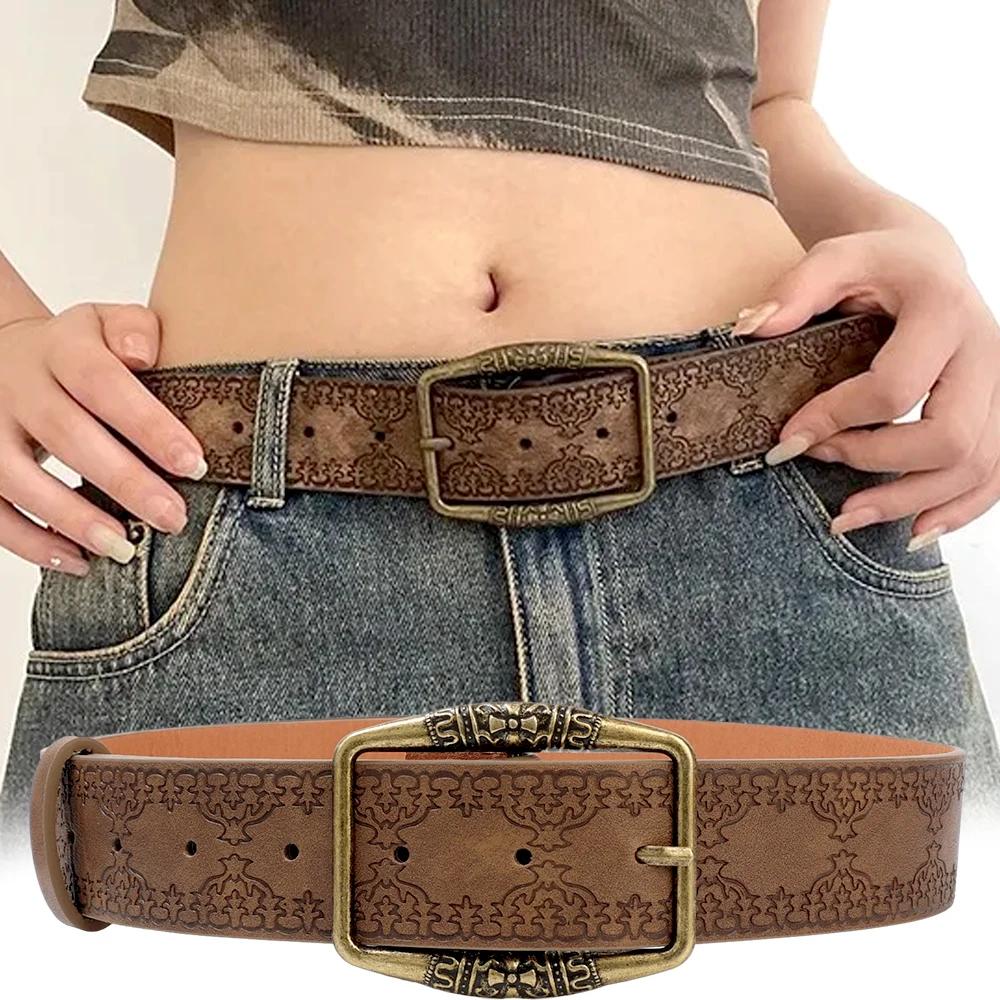 Retro Pattern Print Belts Women Pu Leather Buckle Pin Waist Belt Y2K Vintage All-Match Waistband Accessories