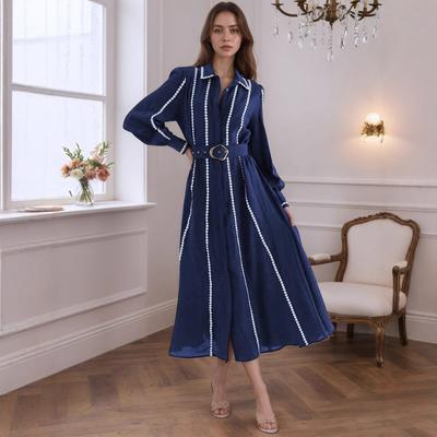 European and American Cross-border Waist Long Skirt Shirt Collar Trench Coat Fashion Design Long Sleeve Shirt Metal Buckle Strap Dress